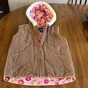 Brown Hooded Kids Vest with Pink Floral Lining